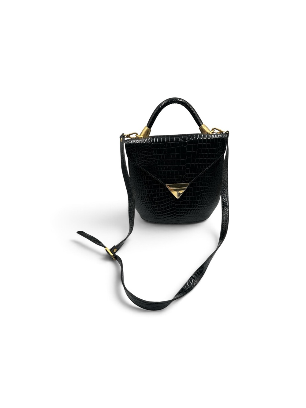 Vintage 1990s Sasha Black Faux Crocodile Handbag Top Handle Shoulder Bag